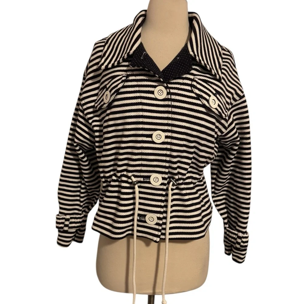 Cabi Womens Harbor Nautical Jacket Size XS Stripe Knit Cinch Waist Preppy Blue - Picture 2 of 12